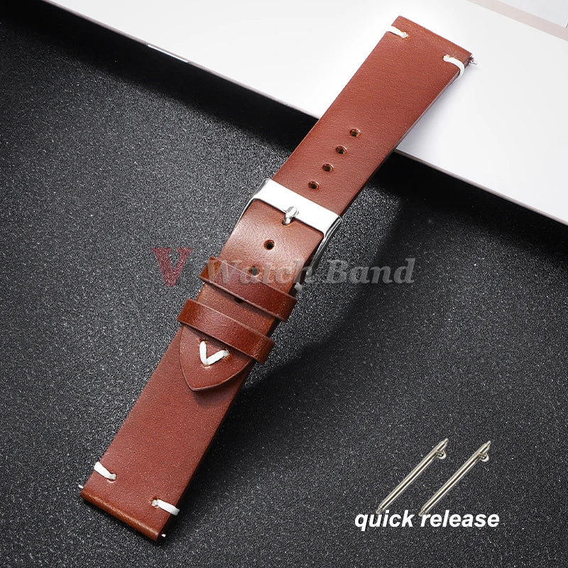 Quick Release Oil Wax Stitching Cowhide Strap for Omega 18mm 20mm 22mmBracelet For Seiko Vintage Leather Watch Band