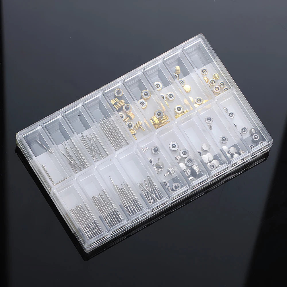 170Pcs/Box Watch Crown Parts Replacement Case Crown Stem Assorted Dome Flat Head Watch Accessories Repair Tool Kits with Box