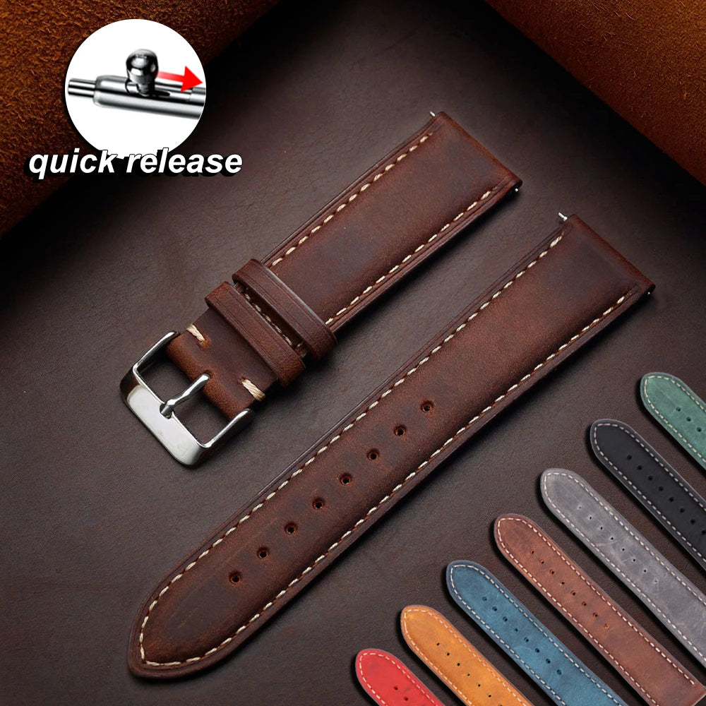 Cowhide Watch Strap 14mm 16mm 18mm 20mm 22mm 24mm Vintage Dark Brown Quick Release Watchband for Samsung Galaxy Watch 8/7/6/5/4